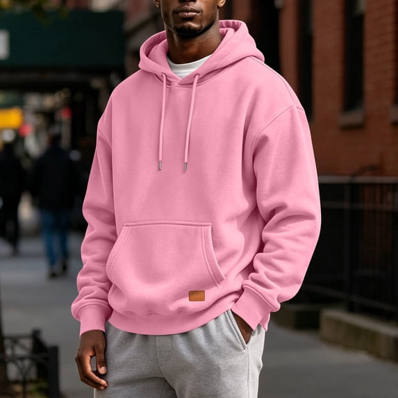 Men's Basic Baggy Hoodie, Long Sleeve Drawstring Hooded Sweatshirt, Fall Solid Color Casual Loose Fit Pullover with Pocket Pink XL