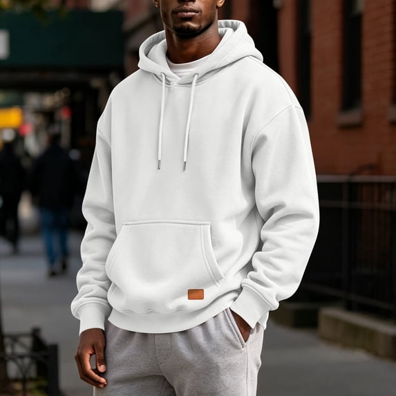 Men's Basic Baggy Hoodie, Long Sleeve Drawstring Hooded Sweatshirt, Fall Solid Color Casual Loose Fit Pullover with Pocket White 3XL