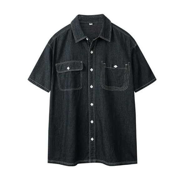 Men's Basic Denim Shirts Plus Size Loose Short Sleeve Button Down Blouse Casual Fashion Cowboy Lapel Double Pockets Coat