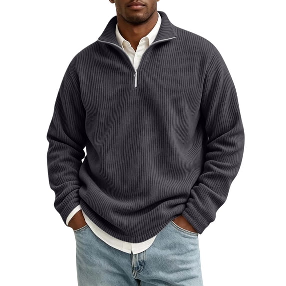 Men's Basic Half Zip Collared Sweatshirt Corduroy Knit Long Sleeve Pullover Versatile Work Leisure Outerwear Dark Gray XL
