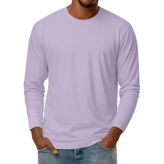 Men's Basic Round Neck Long Sleeve T-Shirt, Solid Color Fitted Undershirt for Daily Wear Light Purple XL