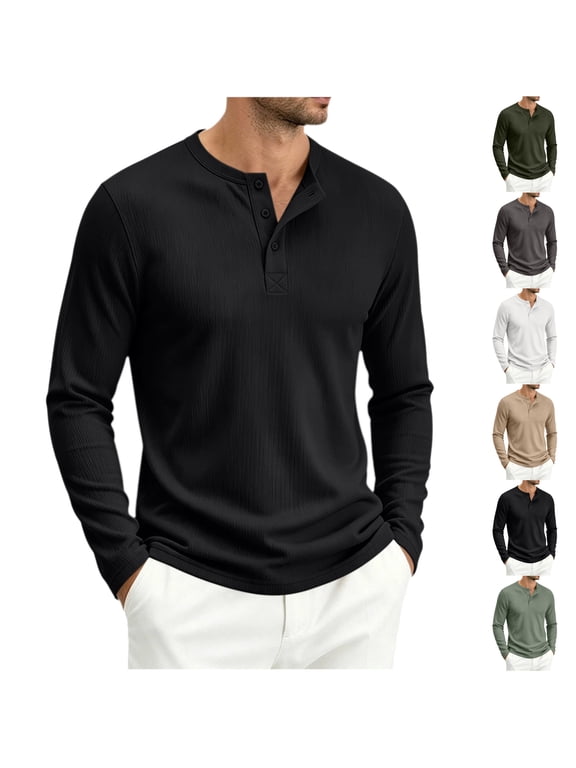 Men's Basic T-Shirts Henley Ribbed Knit Long Sleeve Button Placket Casual Fall Winter Everyday Ribbed Henley Tops