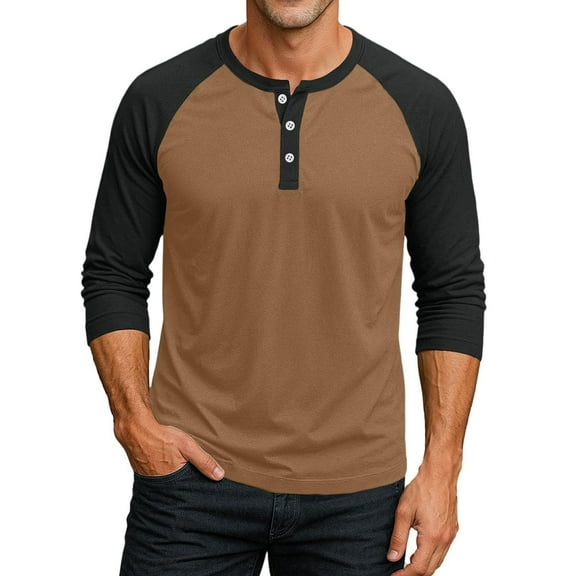 Men's Basic T Shirts Patchwork 3/4 Sleeve Button Up Outdoor Activities Slim Fit Tees