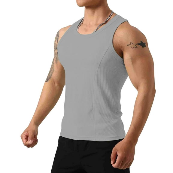 Men's Basic Tops Ribbed Knit Scoop Neck Tank Undershirt Workout Gym Muscle Tank T-Shirt