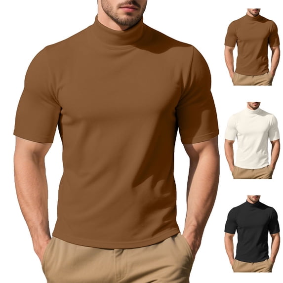 Namayuj Men's Basic Warm Short Sleeve Shirts Dressy Casual High Neck Tees Trendy Solid Pullover Tops