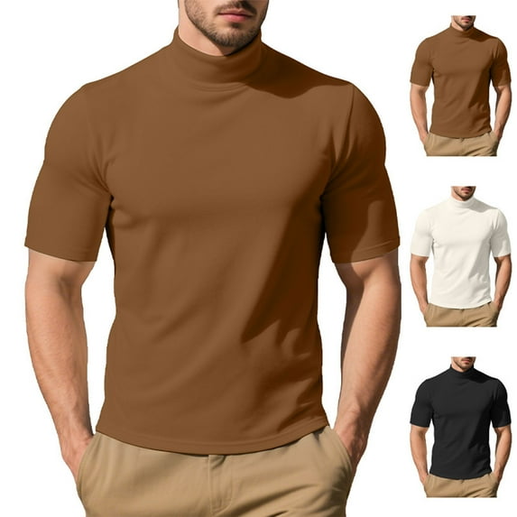 Namayuj Men's Basic Warm Short Sleeve Shirts Dressy Casual High Neck Tees Trendy Solid Pullover Tops