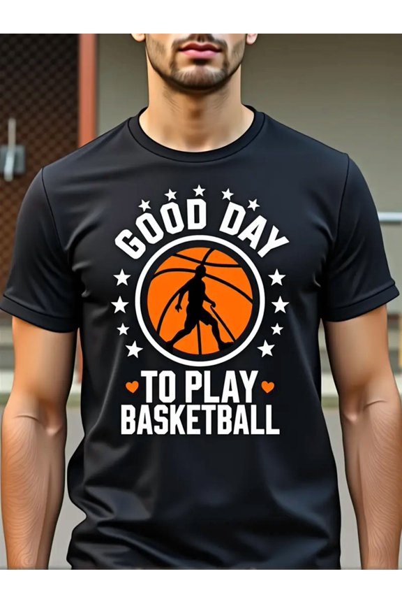 Men's Basketball Graphic T-Shirt with "Good Day to Play Basketball" Slogan & Player Action Design - Black with Orange/White Basketball Print, Breathable Short Sleeve Round Neck