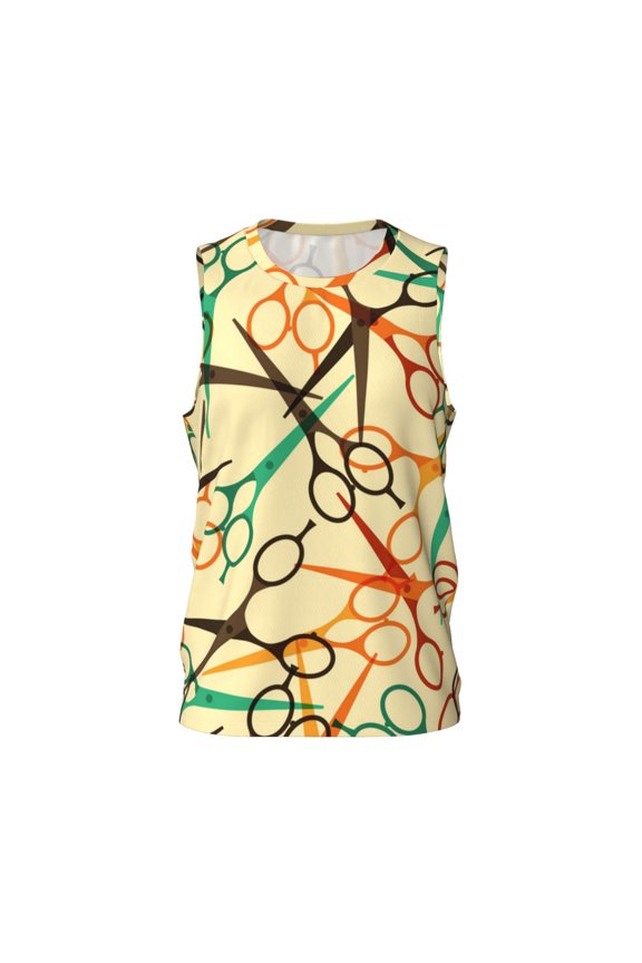 Men's Basketball Jersey Athletic Sleeveless Tank Top Sports Shirt, Hairdressing Tools Retro Scissors Salon