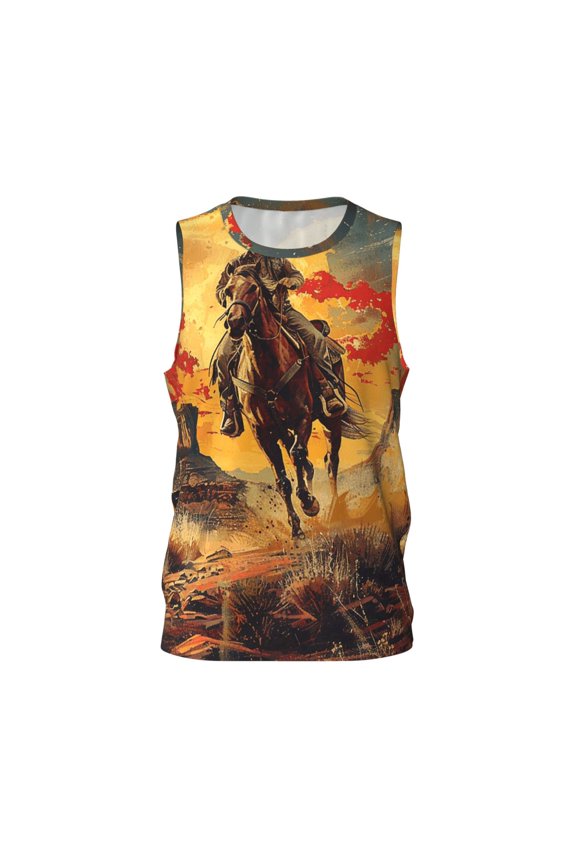 Men's Basketball Jersey Shirts Sleeveless Athletic Sports Tank Tops, Western Desert Cowboys Vintage Art