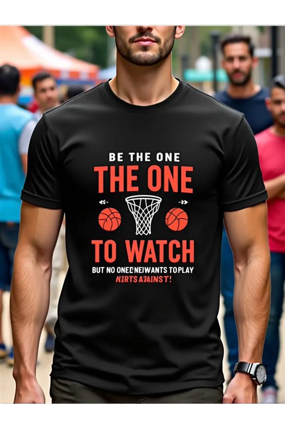 Men's Basketball Motivational Quote T-Shirt - "Be The One to Watch" Basketball Graphic Tee - Black with Orange/White Lettering - Athletic Fit Streetwear Top for Basketball
