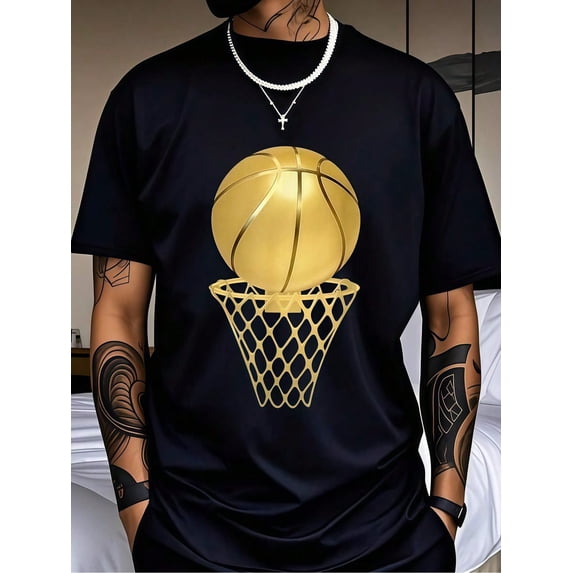 Men's Basketball Net Printed T-Shirt, Graphic Tee Summer Tops, Crew Neck