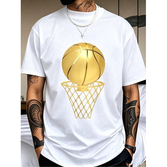 Men's Basketball Net Printed T-Shirt, Graphic Tee Summer Tops, Crew Neck