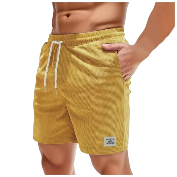 Men's Basketball Shorts, 11" Athletic Shorts, Lightweight Corduroy Shorts, Knee-Length, with Pockets, Solid Loose Wide Leg Shorts (Yellow, XXL)