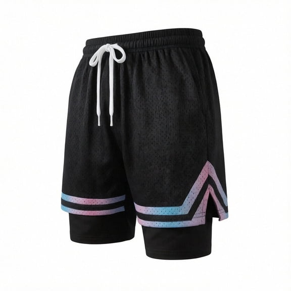 Men's Basketball Shorts 2 in 1 Mesh Athletic Shorts Elastic Waist Drawstring Short Pants Quick Dry Striped Workout Shorts Breathable Compression Liner Shorts Running Training Shorts for Men