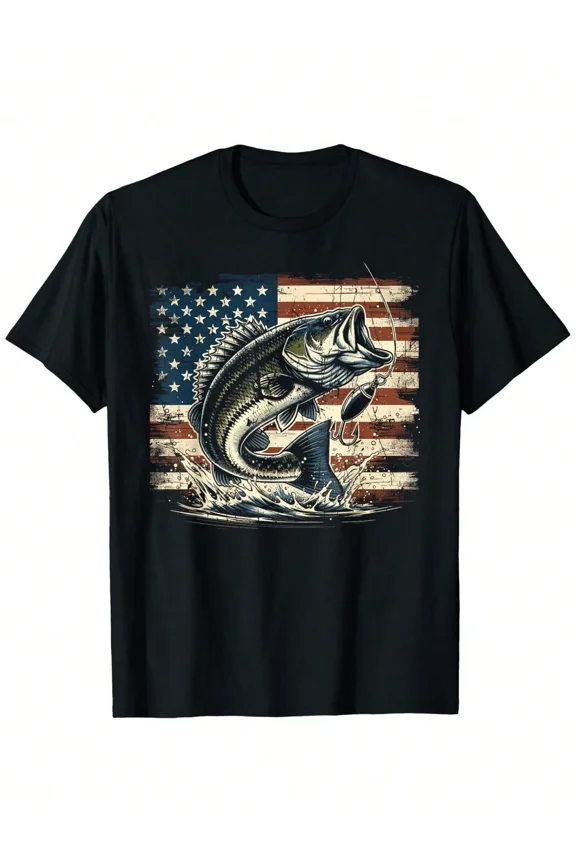 Men's Bass Fishing American Flag Graphic T-Shirt Patriotic Fisherman Tee