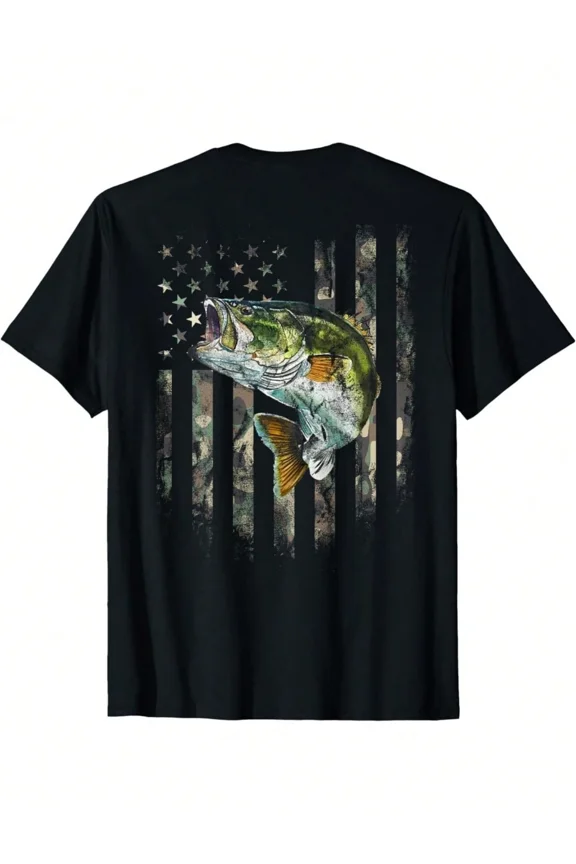 Men's Bass Fishing T-Shirt American Flag Camo Patriotic Angler Graphic Tee