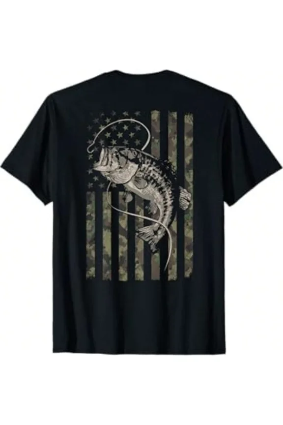 Men's Bass Fishing T-Shirt Camo American Flag Patriotic Angler Graphic Tee
