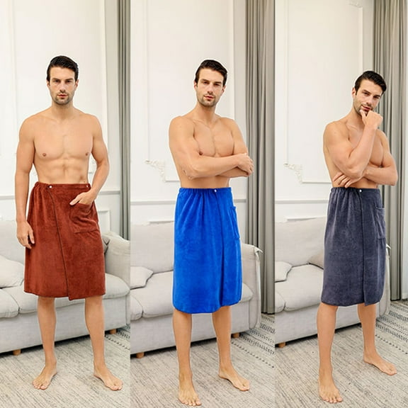 Men's Bath Towel Wrap Skirt - Polyester, 55.12x27.56in, Quick-Dry & Absorbent, Non-Fading, Pockets for Phone/Keys, Gray/Blue/Brown, Travel & Home Use