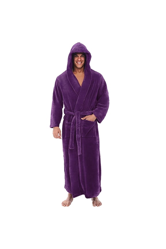 Men's Bathrobe, Plus Size Long Shawl Collar Terry Cloth Robe with Pockets, Soft Absorbent Hotel Style Spa Robe for Lounging and After Shower Purple 5XL