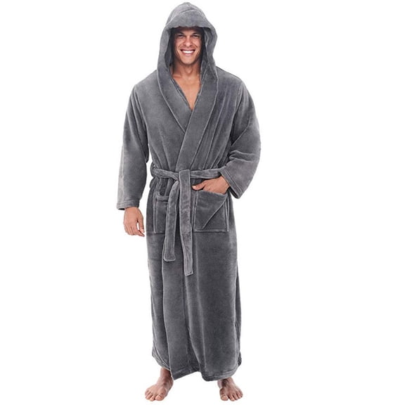Men's Bathrobe, Plus Size Long Shawl Collar Terry Cloth Robe with Pockets, Soft Absorbent Hotel Style Spa Robe for Lounging and After Shower Gray M