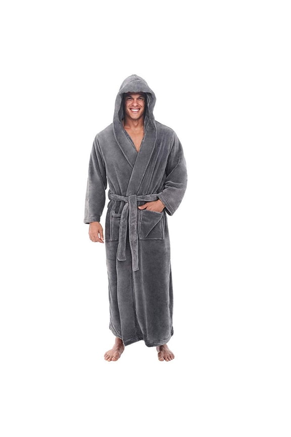 Men's Bathrobe, Plus Size Long Shawl Collar Terry Cloth Robe with Pockets, Soft Absorbent Hotel Style Spa Robe for Lounging and After Shower Gray XL