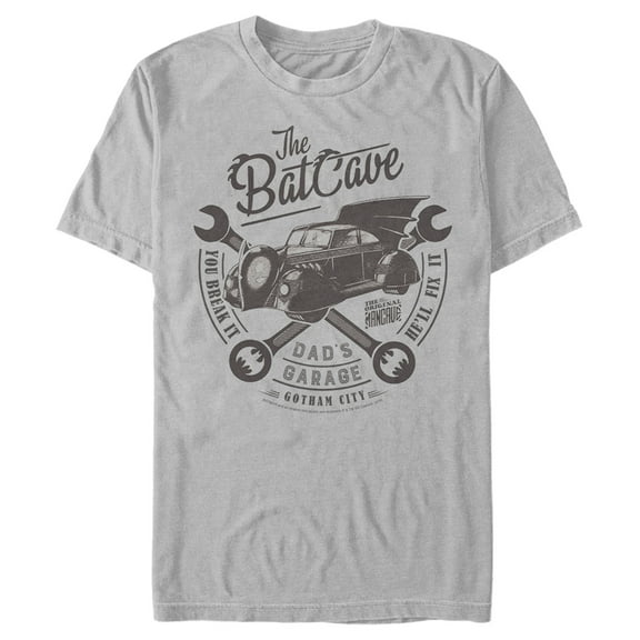 Men's Batman Bat Cave Dad's Garage  Graphic Tee Silver Large