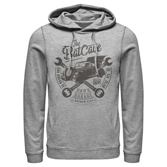 Men's Batman Bat Cave Dad's Garage  Pull Over Hoodie Athletic Heather Medium
