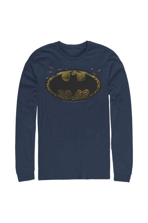 Men's Batman Bat Colony Logo  Long Sleeve Shirt Navy Blue Small