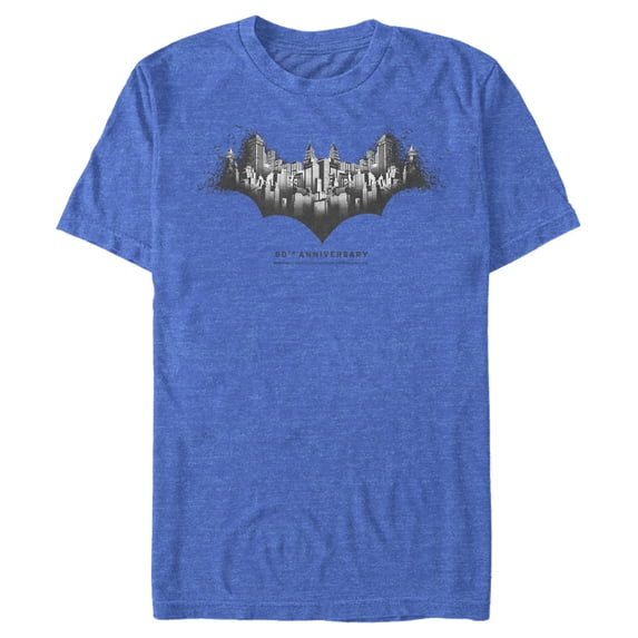 Men's Batman Gotham Skyline Bat Shape Graphic Tee Royal Blue Heather 3X Large