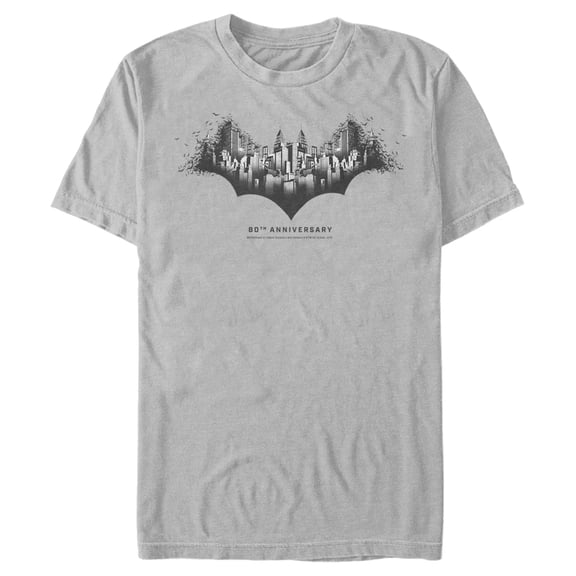 Men's Batman Gotham Skyline Bat Shape Graphic Tee Silver Large