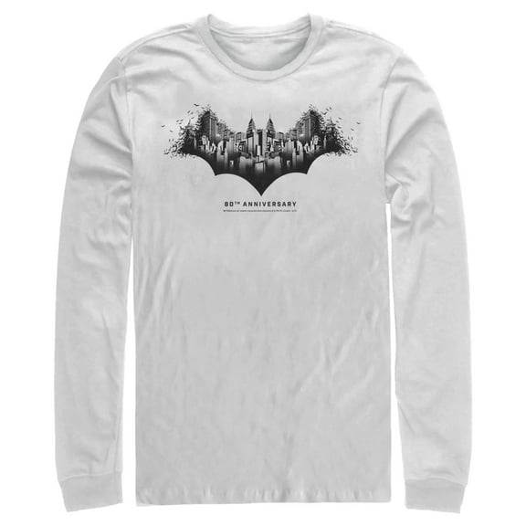 Men's Batman Gotham Skyline Bat Shape  Long Sleeve Shirt White Small