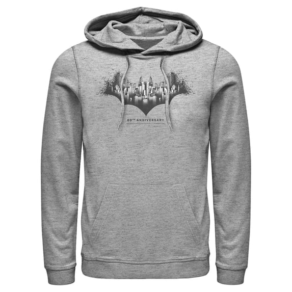 Men's Batman Gotham Skyline Bat Shape Pull Over Hoodie Athletic Heather 3X Large