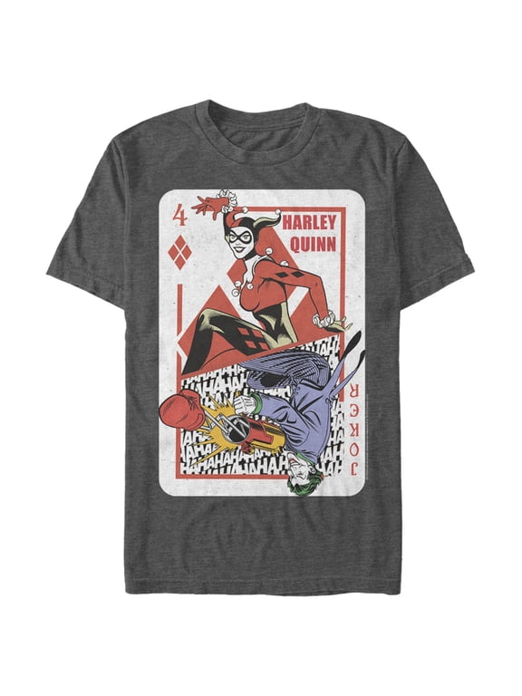 Men's Batman Harley Quinn Joker Poker Card Graphic Tee Charcoal Heather X Large