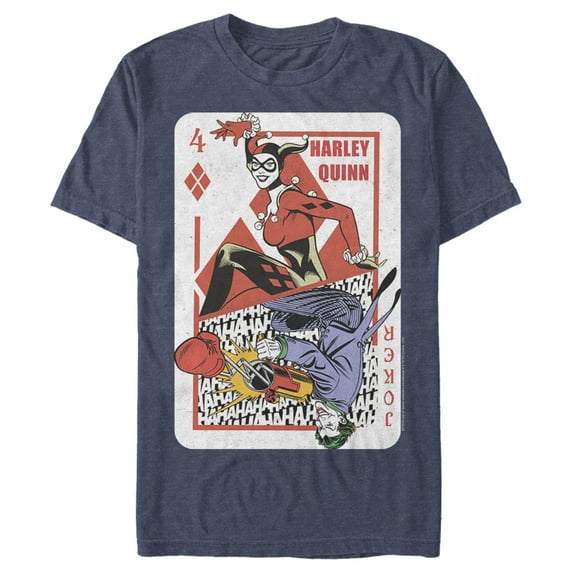 Men's Batman Harley Quinn Joker Poker Card Graphic Tee Navy Blue Heather 3X Large
