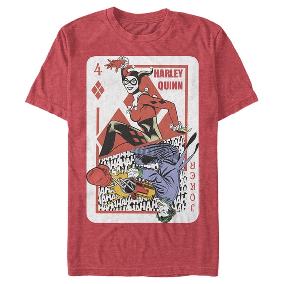 Men's Batman Harley Quinn Joker Poker Card Graphic Tee Red Heather Large