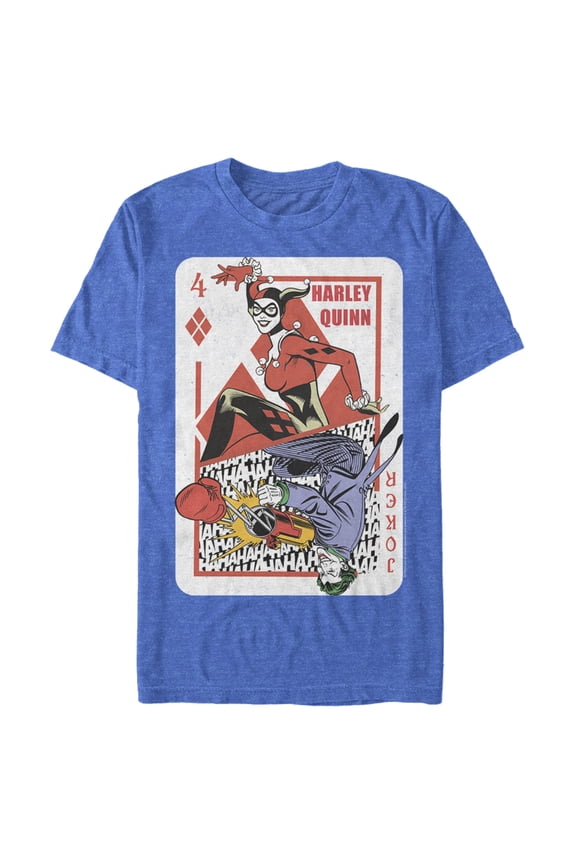 Men's Batman Harley Quinn Joker Poker Card Graphic Tee Royal Blue Heather 3X Large