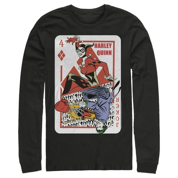 Men's Batman Harley Quinn Joker Poker Card Long Sleeve Shirt Black 2X Large