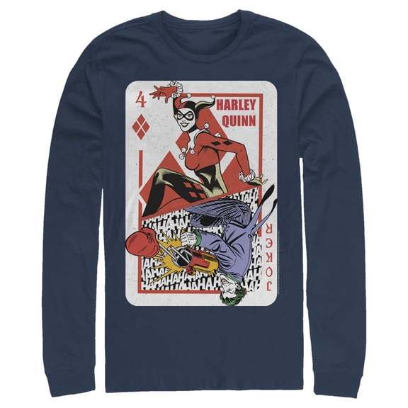Men's Batman Harley Quinn Joker Poker Card  Long Sleeve Shirt Navy Blue Small
