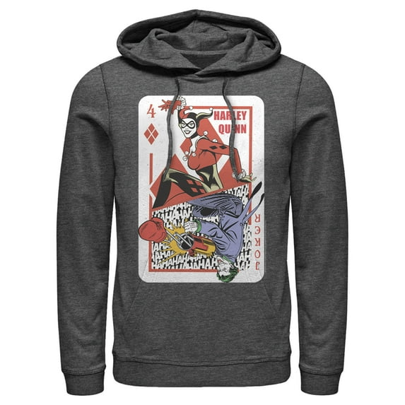 Men's Batman Harley Quinn Joker Poker Card Pull Over Hoodie Charcoal Heather Large