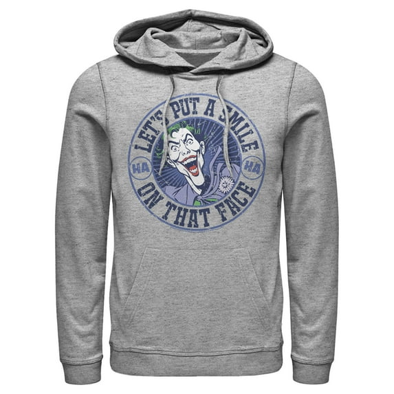 Men's Batman Joker Let's Put a Smile On That Face Pull Over Hoodie Athletic Heather X Large
