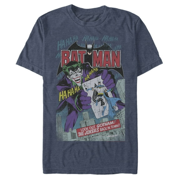 Men's Batman Joker Vintage Card Graphic Tee Navy Blue Heather Medium