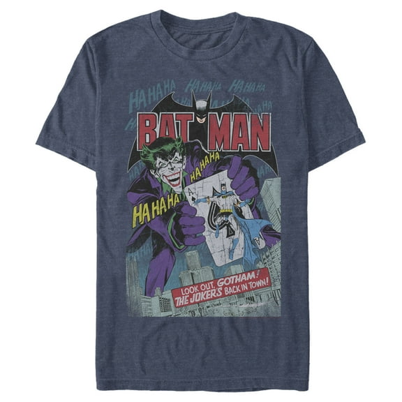 Men's Batman Joker Vintage Card Graphic Tee Navy Blue Heather Medium