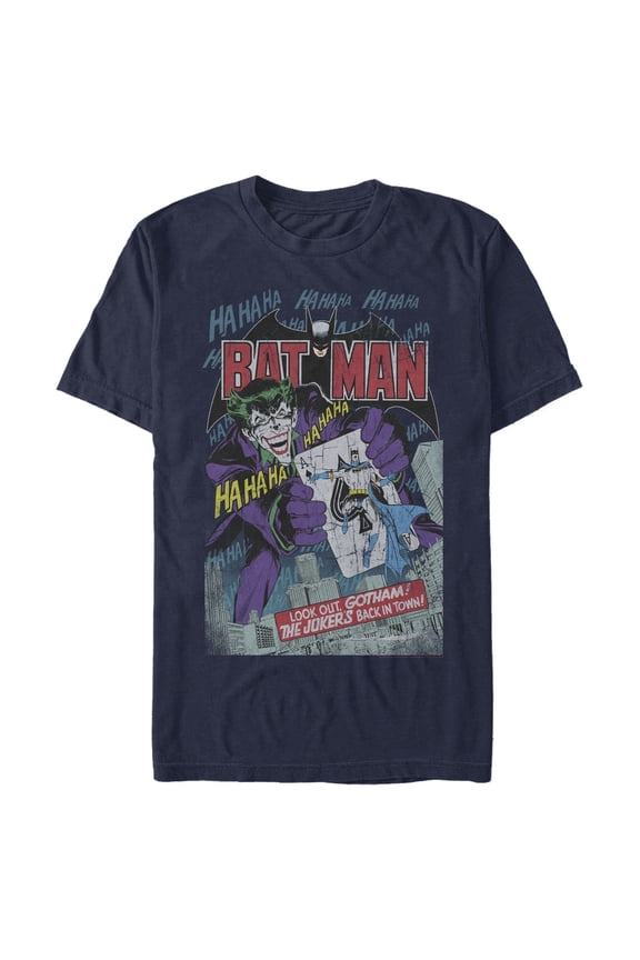 Men's Batman Joker Vintage Card Graphic Tee Navy Blue Large