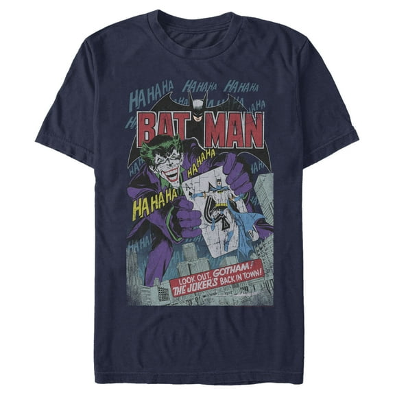 Men's Batman Joker Vintage Card Graphic Tee Navy Blue X Large
