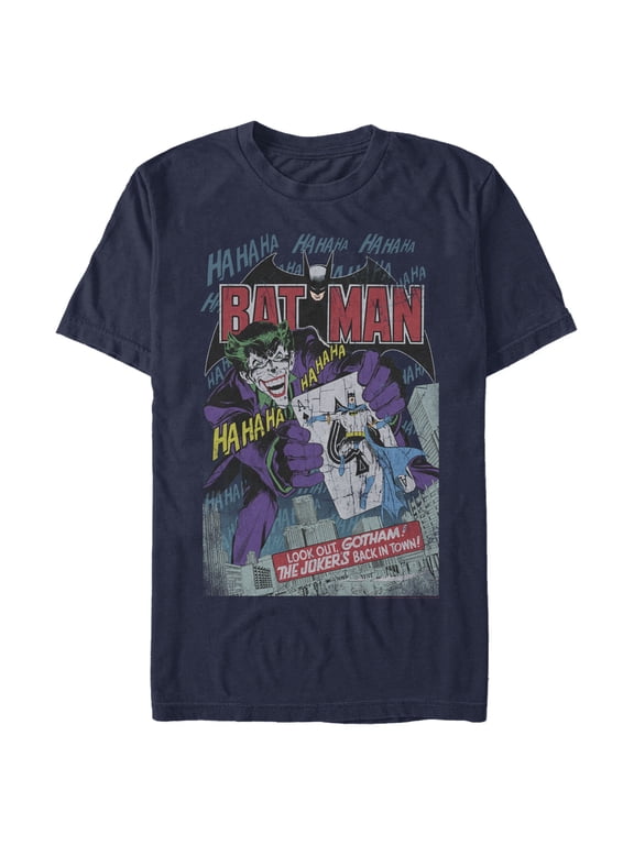 Men's Batman Joker Vintage Card Graphic Tee Navy Blue X Large