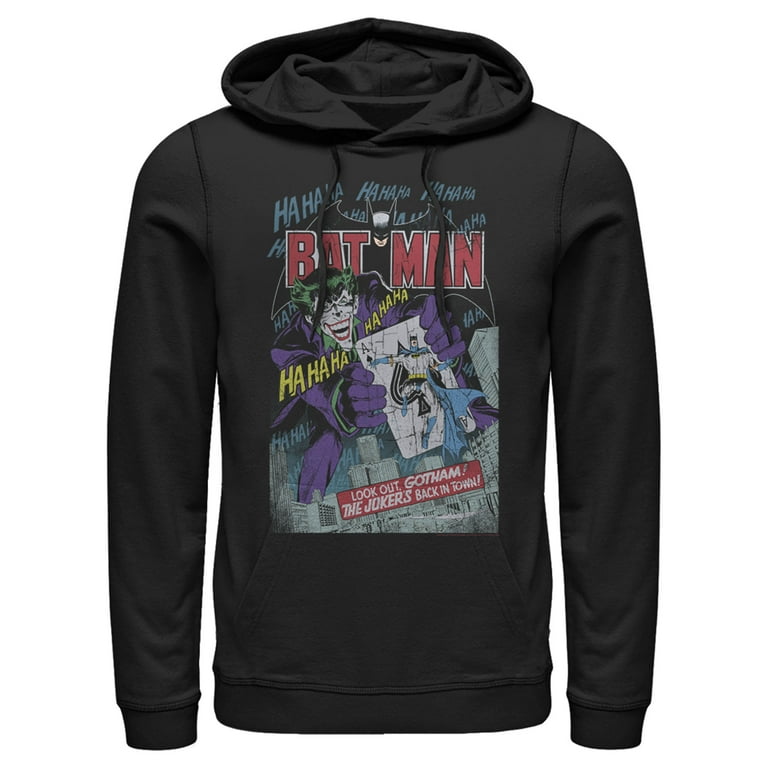 Men s Batman Joker Vintage Card Pull Over Hoodie Black X Large