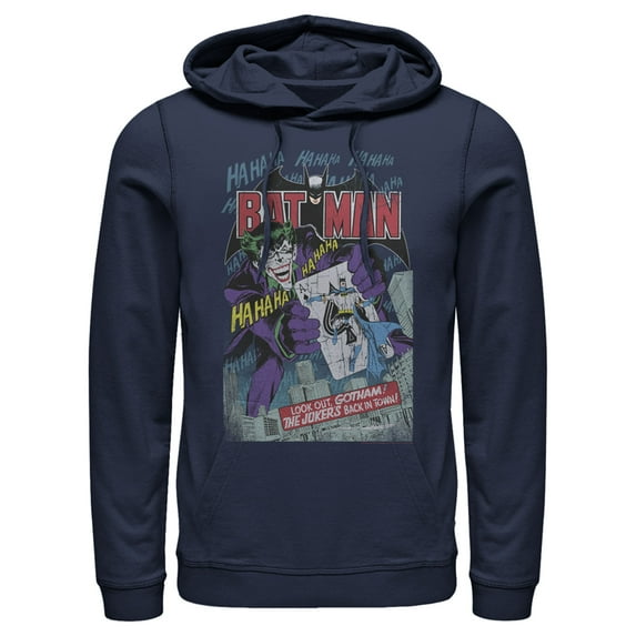 Men's Batman Joker Vintage Card  Pull Over Hoodie Navy Blue 3X Large
