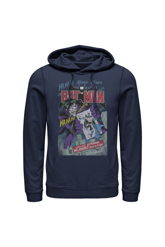 Men's Batman Joker Vintage Card Pull Over Hoodie Navy Blue Small