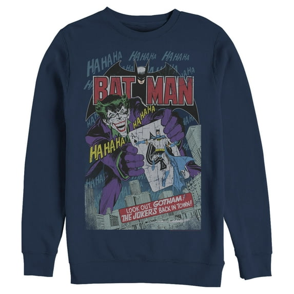 Men's Batman Joker Vintage Card Sweatshirt Navy Blue Medium