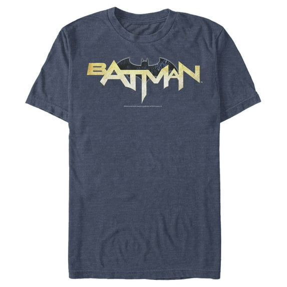 Men's Batman Logo Messy Text Graphic Tee Navy Blue Heather Medium